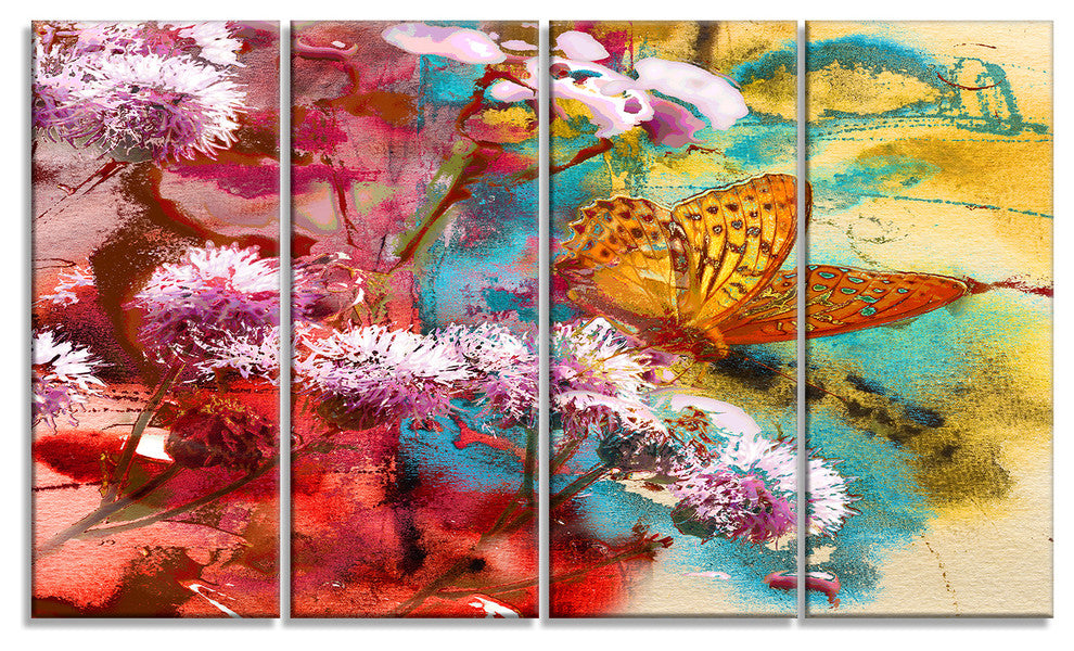 Butterfly and Abstract Design Watercolor, Floral Art Wall Art, 48"x28", 4 Panels