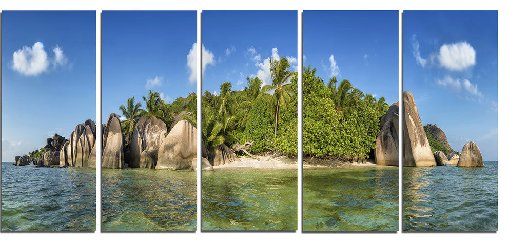 "Anse Lazio Beach Seychelles Panorama" Large Wall Artwork, 5 Panel