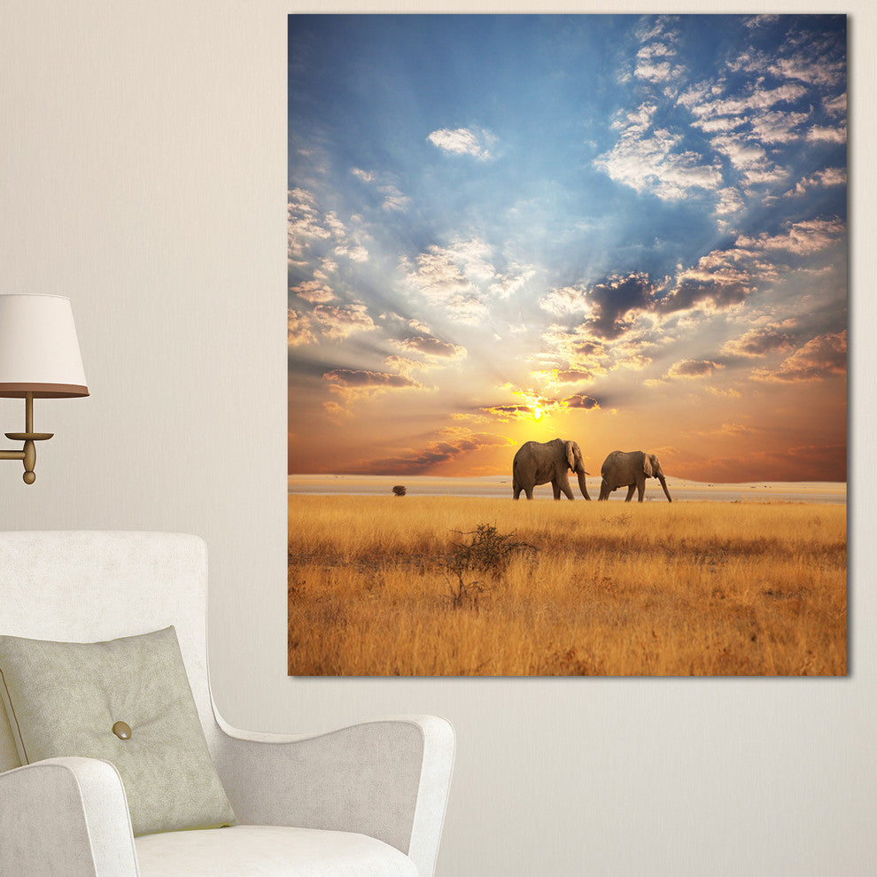 Elephants Walking Along River Bank, Animal Canvas Art Print, 30"x40"