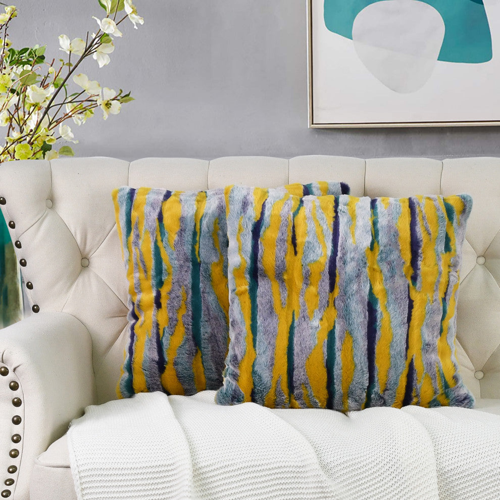 Multi Jacquard Faux Fur Pillow Covers Set of 2, Teal, 14''x26''