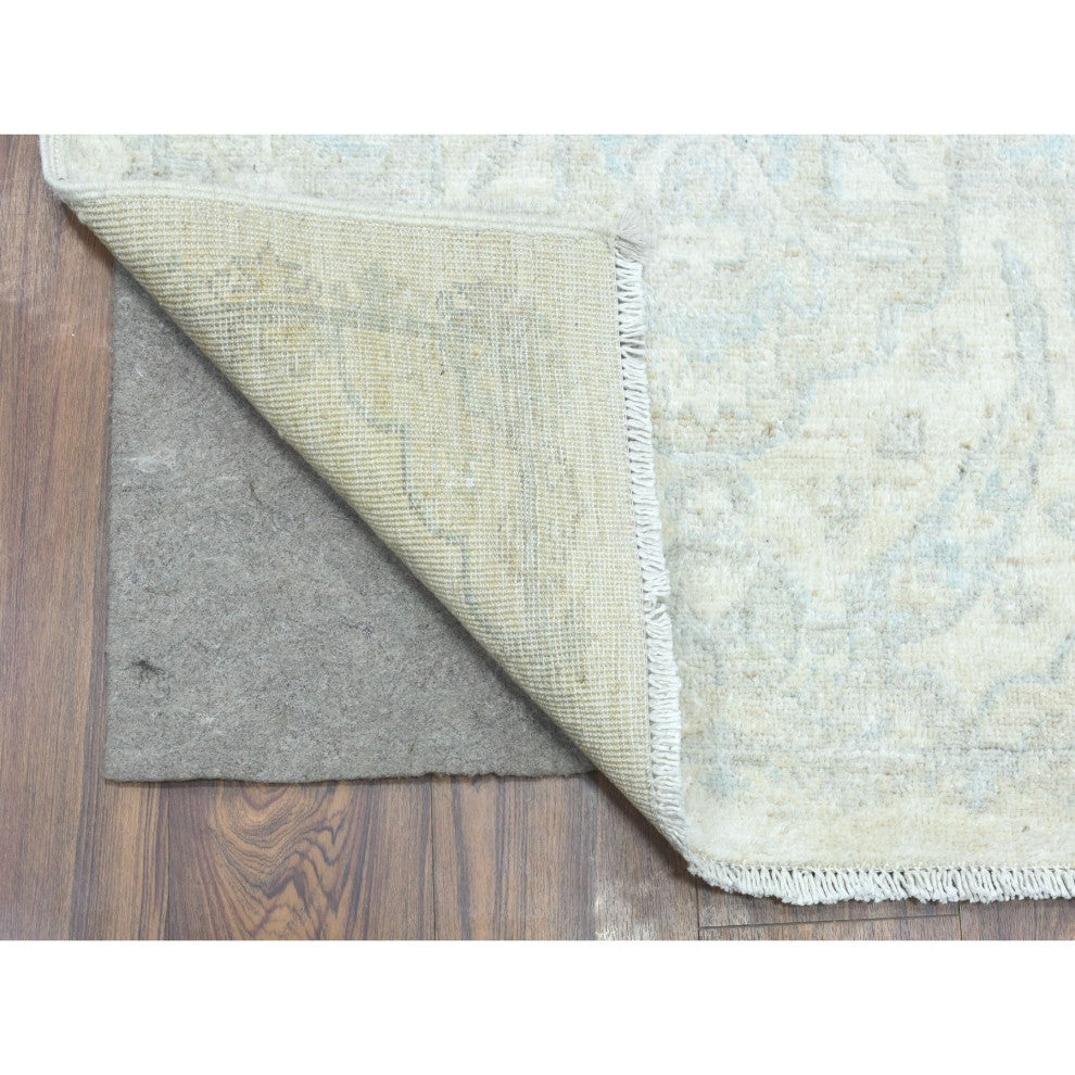 Ivory, Soft Wool Hand Knotted, White Wash Peshawar XL Runner Rug, 2'6"x19'4"