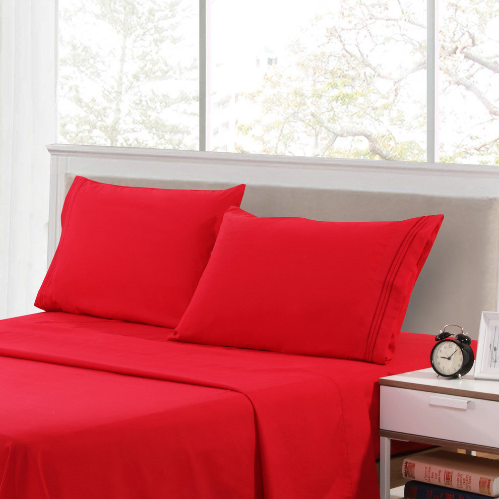 Brushed Microfiber Embroidered 1800 Bedding, 4 Piece, Burgundy, Queen