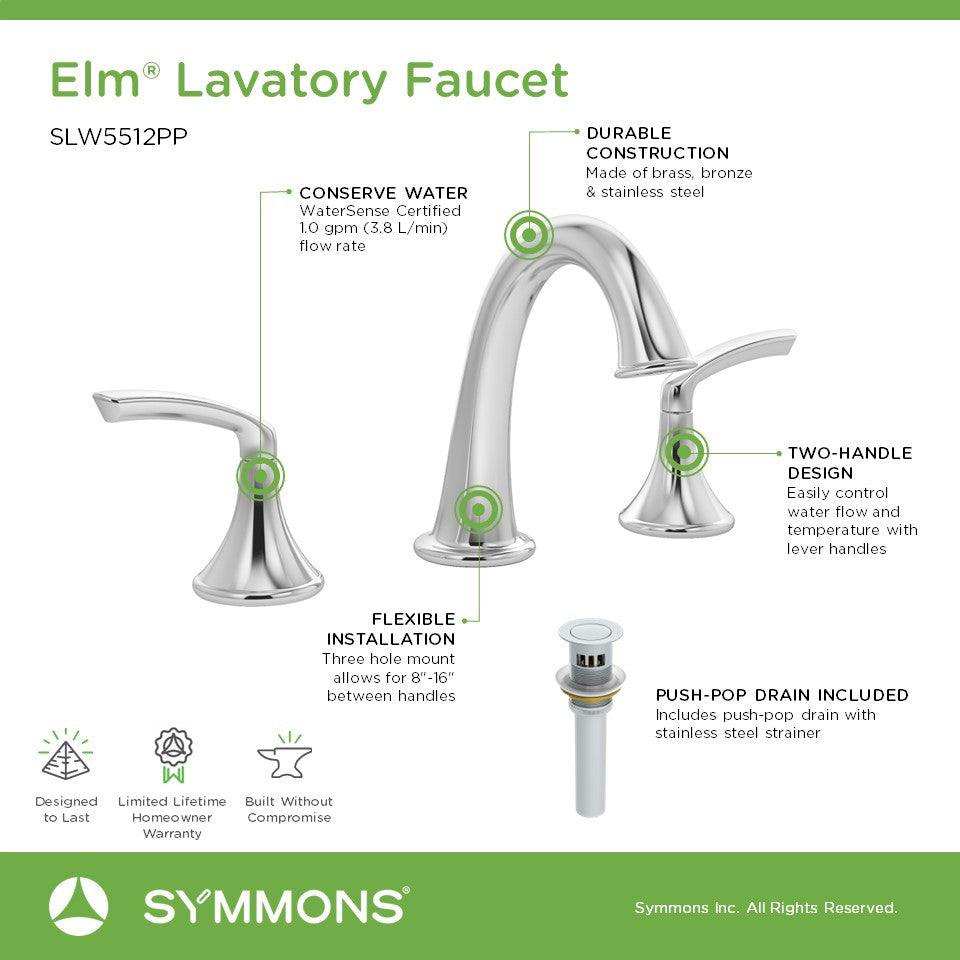 Elm Widespread Two-Handle Bathroom Faucet with Push Pop Drain Assembly (1.0 GPM), Polished Chrome