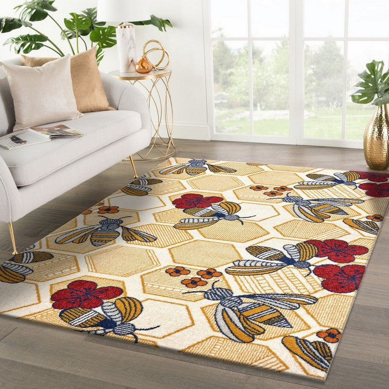 8" x 9" Gold and Ivory Bustling Bee Area Rug