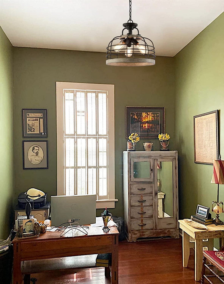 3 Light Industrial Chandelier Farmhouse Wood Cage Pendant Light