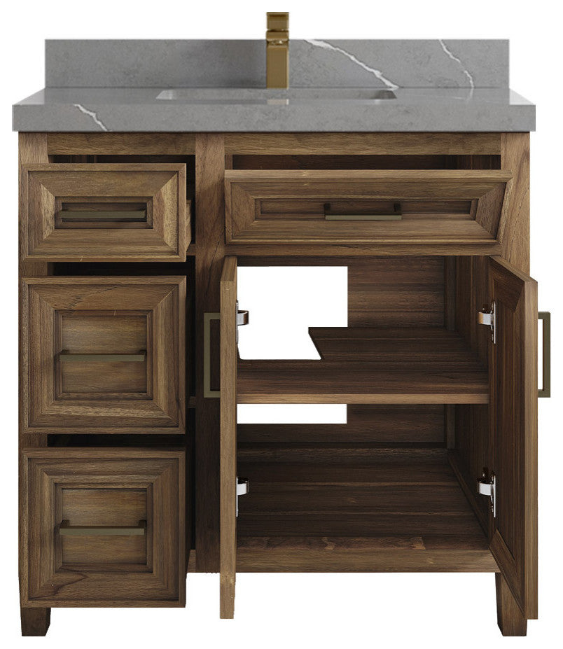 Santa Monica 36 Center Sink Bath Vanity in Graywashed Teak 2" Piatra Gray