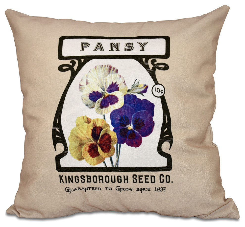 Pansy, Floral Print Pillow, Taupe, 26"x26"
