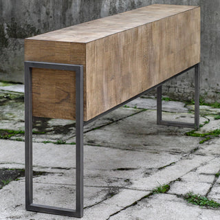 Luxe Minimalist Wood Block Slab Console Table Contemporary Modern Iron CubeÃ¯Â¿Â½
