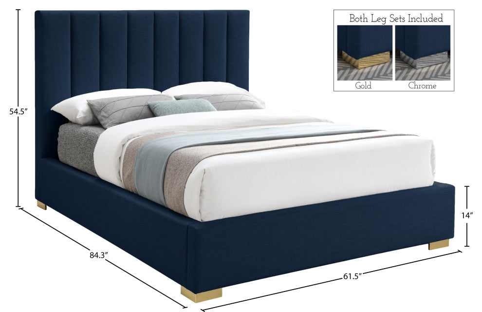 Pierce Linen Textured Fabric Upholstered Bed, Navy, Full