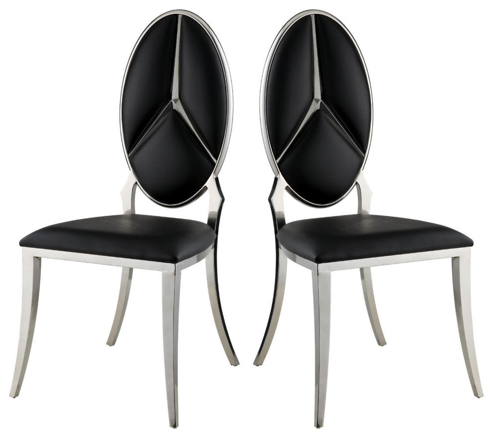 Benzara BM281971 Modern Dining Chair, Vegan Leather, Set of 2, Black, Chrome