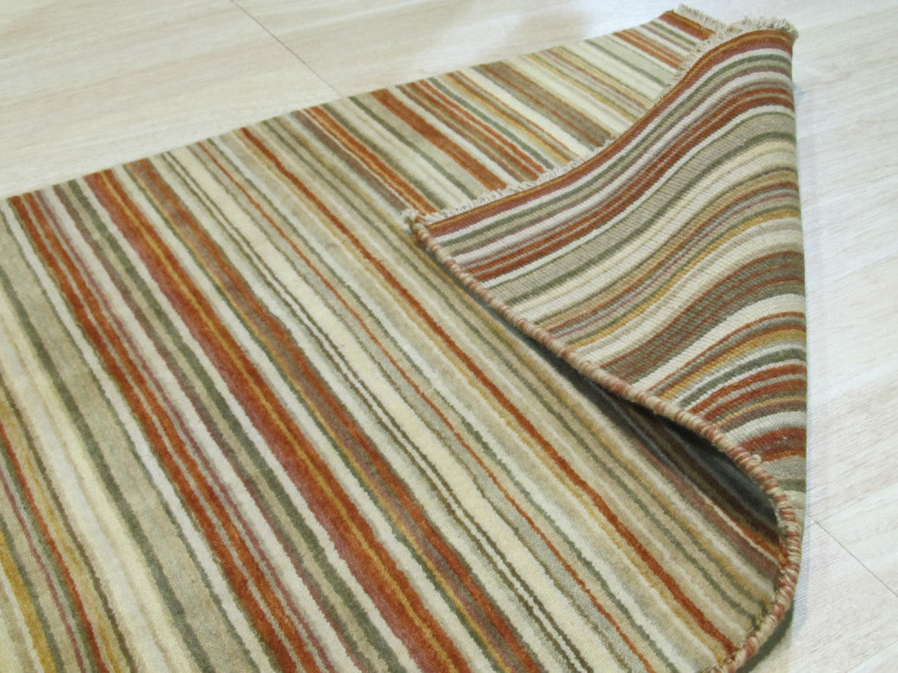 Orange/green Striped Handmade Wool Rug, 2' X 12'
