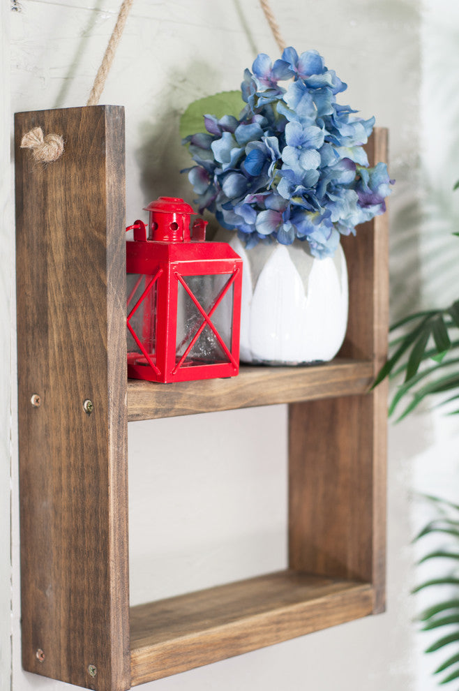 Mid Century Rustic Wall Shelves With Hanging Rope