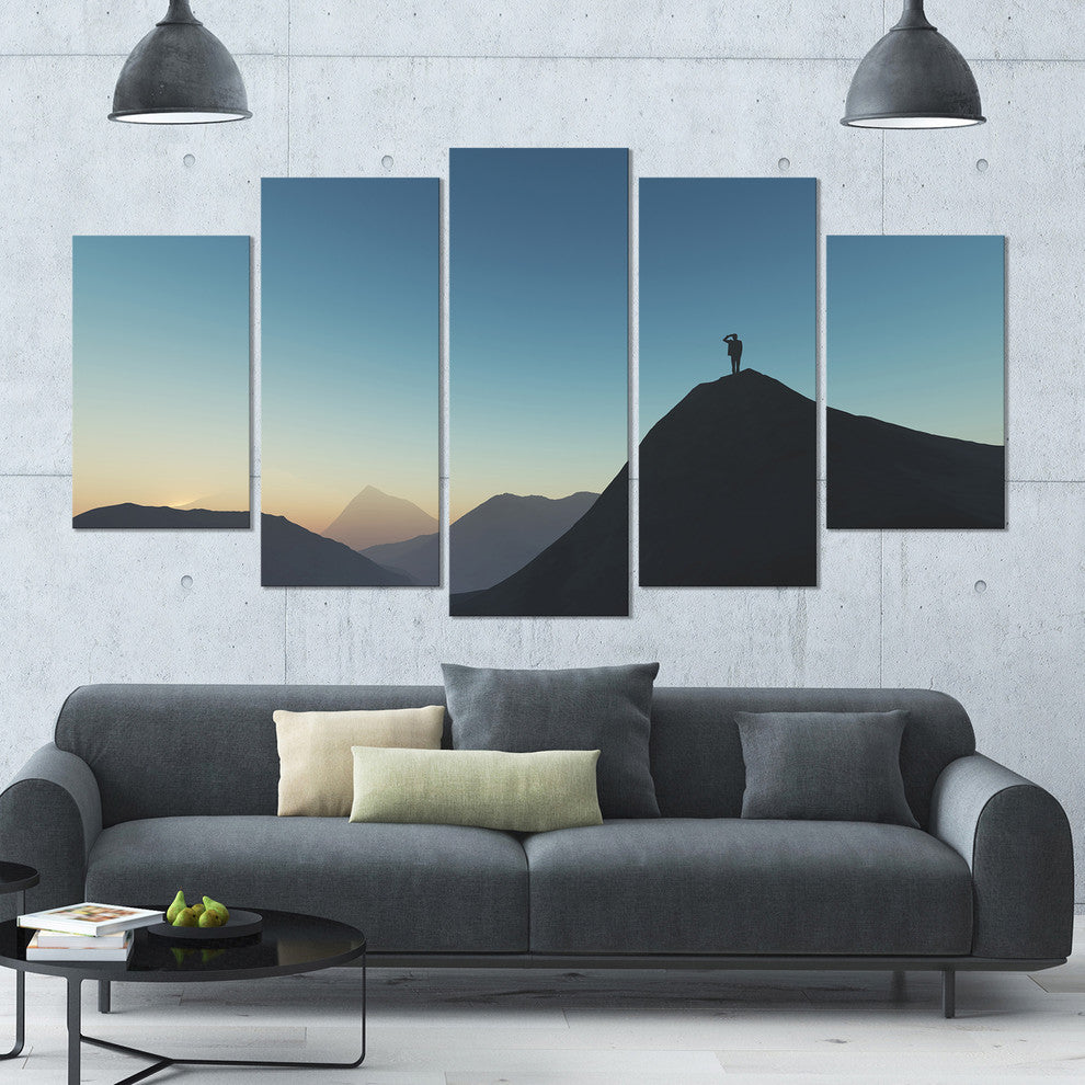 Man Looking from Mountain, Landscape Canvas Art Print, 60"x32", 5 Panels