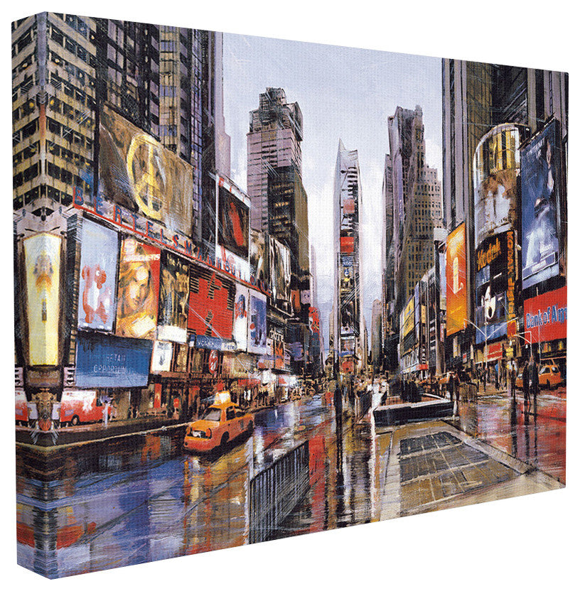 Times Square Crowds on a Rainy Day Painting Stretched Canvas Wall Art, 16"x20"