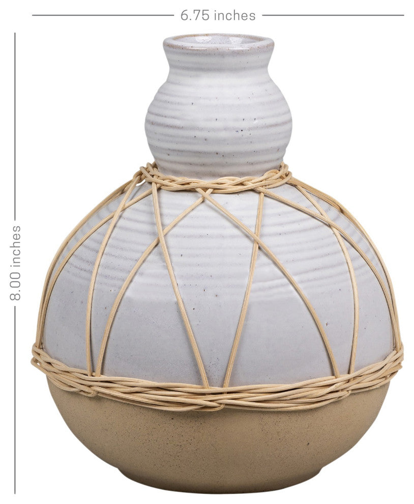 White Stone and Rattan Detail Wide Vase