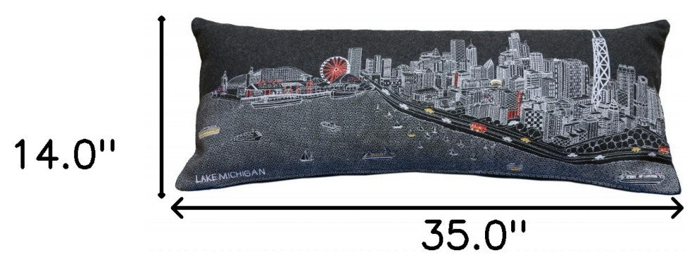 35" Black Chicago Nighttime Skyline Lumbar Decorative Pillow