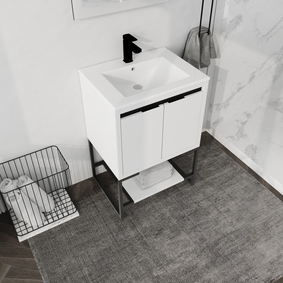 24" Plywood Freestanding Bath Vanity Set, Integrated Resin Basin
