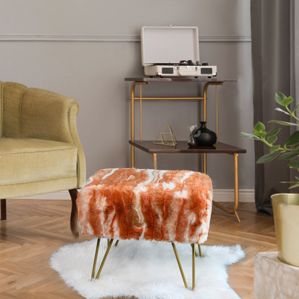 Soft Faux Fur Ottoman Fuzzy Entryway Bench Seat, Burnt Orange, 19"x13"x17"