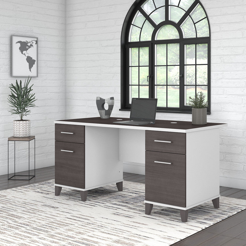 Transitional Desk, Double Pedestal With File & Storage Drawers, Storm Gray/White