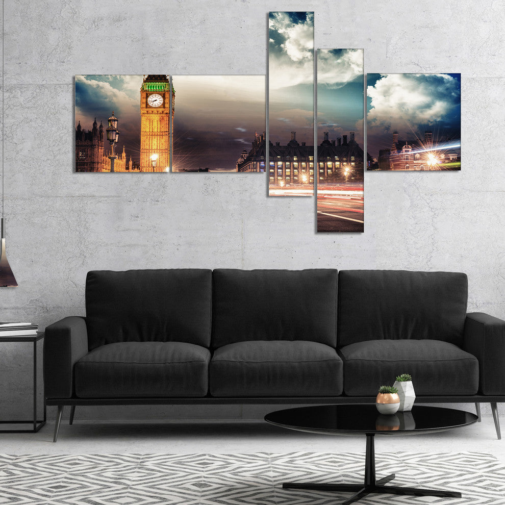 Big Ben UK from Westminster Bridge, Cityscape Canvas Print, 60"x32", 5 panels