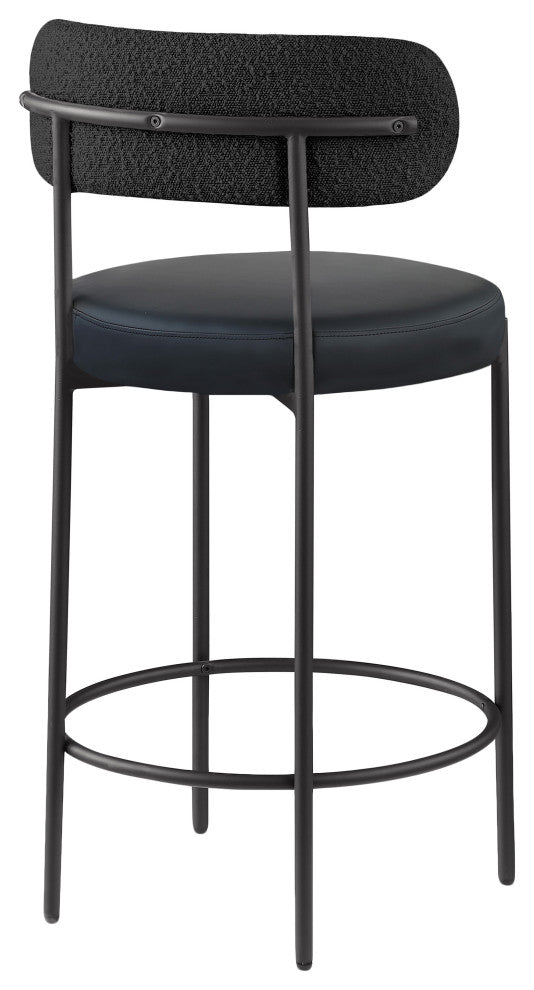 Beacon Upholstered Stool, Set of 2, Black, Matte Black Finish, Vegan Leather and Boucle Fabric