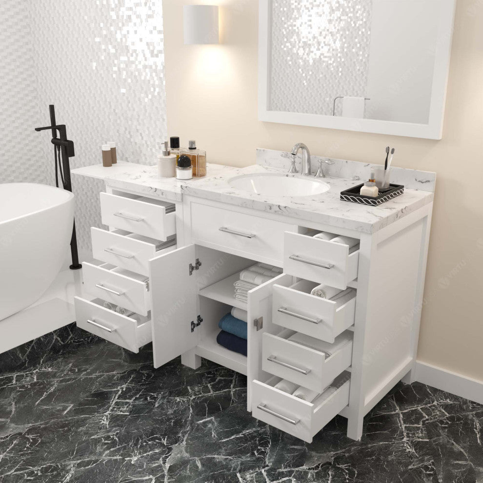 Caroline Parkway 57" Bath Vanity, White With Marble Quartz Top