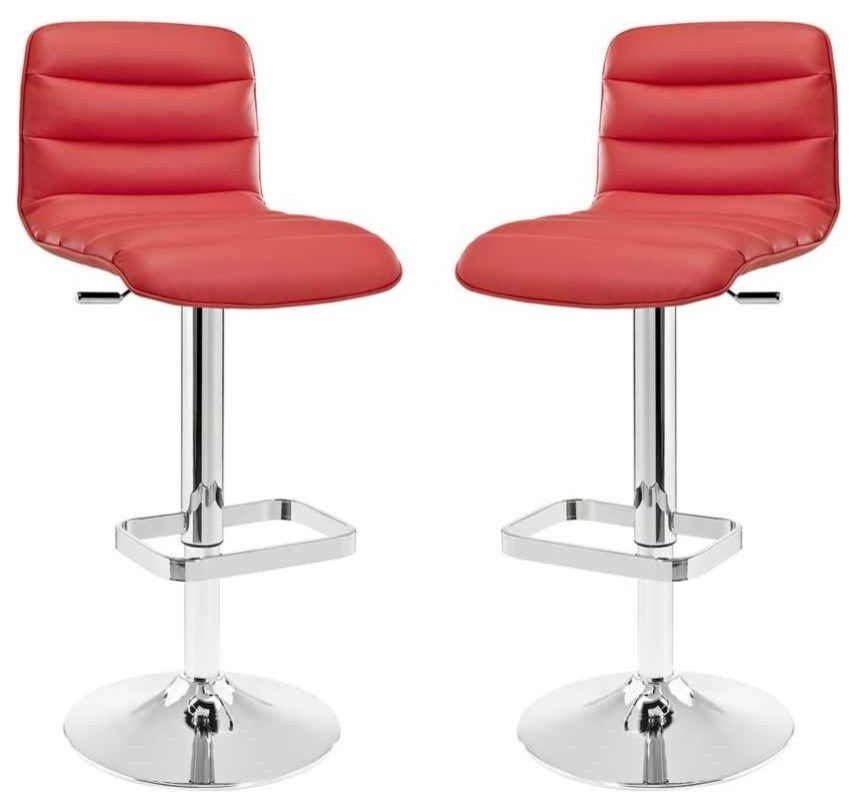 Modern Contemporary Bar Stool Set of 2, Red, Vinyl Leather, Metal