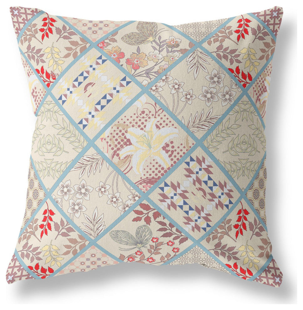 28 Cream Red Patch Indoor Outdoor Throw Pillow