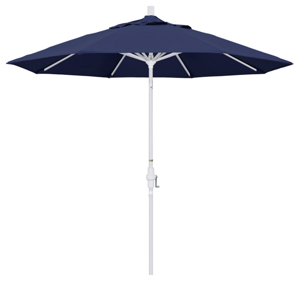 9' Matted White Collar Tilt Crank Lift Aluminum Umbrella, Olefin, Navy Blue