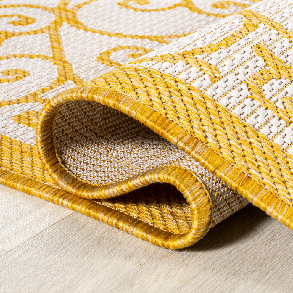 Madrid Vintage Filigree Textured Weave Indoor/Outdoor, Cream/Yellow, 2 X 8