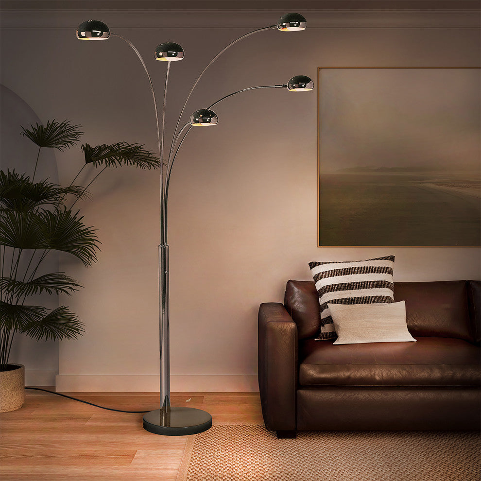 Mushroom 5 Light Arc Floor Lamp, Black Nickel, Dimmer Switch, Marble Base
