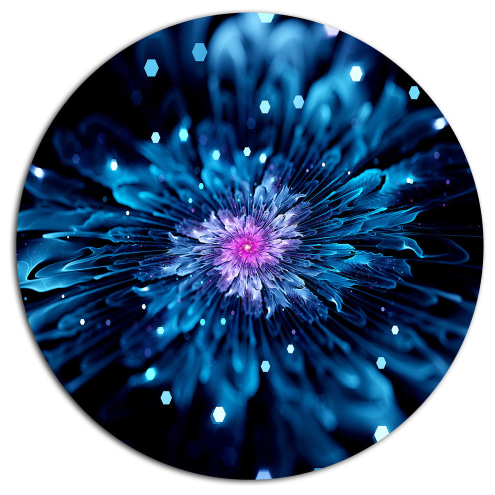Blue Fractal Flower With Shiny Particles, Flower Round Wall Art, 36"