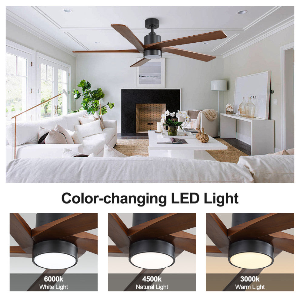 64" 5-Blade LED Ceiling Fan With Light Kit and Remote Control, Black/Walnut