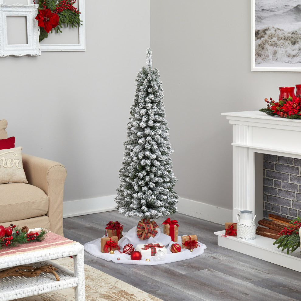 Nearly Natural 5ï¿½ Flocked Pencil Artificial Christmas Tree with 200 Clear Lights