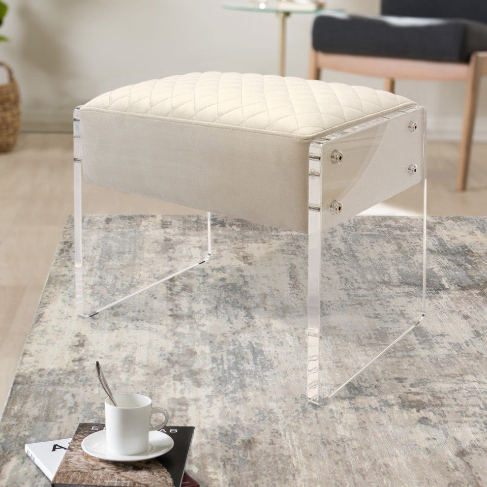 Pasargad Home Tribecca Acrylic and Velvet Stool, White
