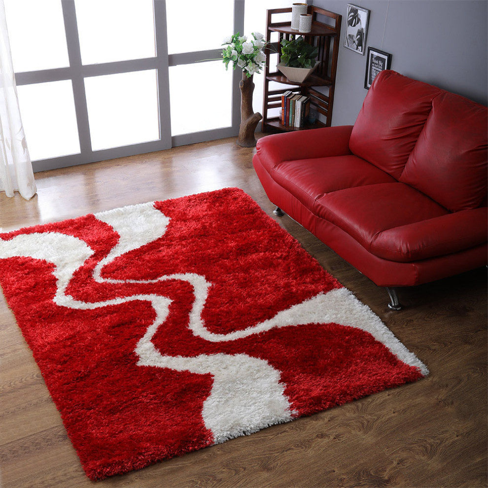 Hand Tufted Shag Polyester Area Rug Contemporary Red White, [Square] 8'x8'