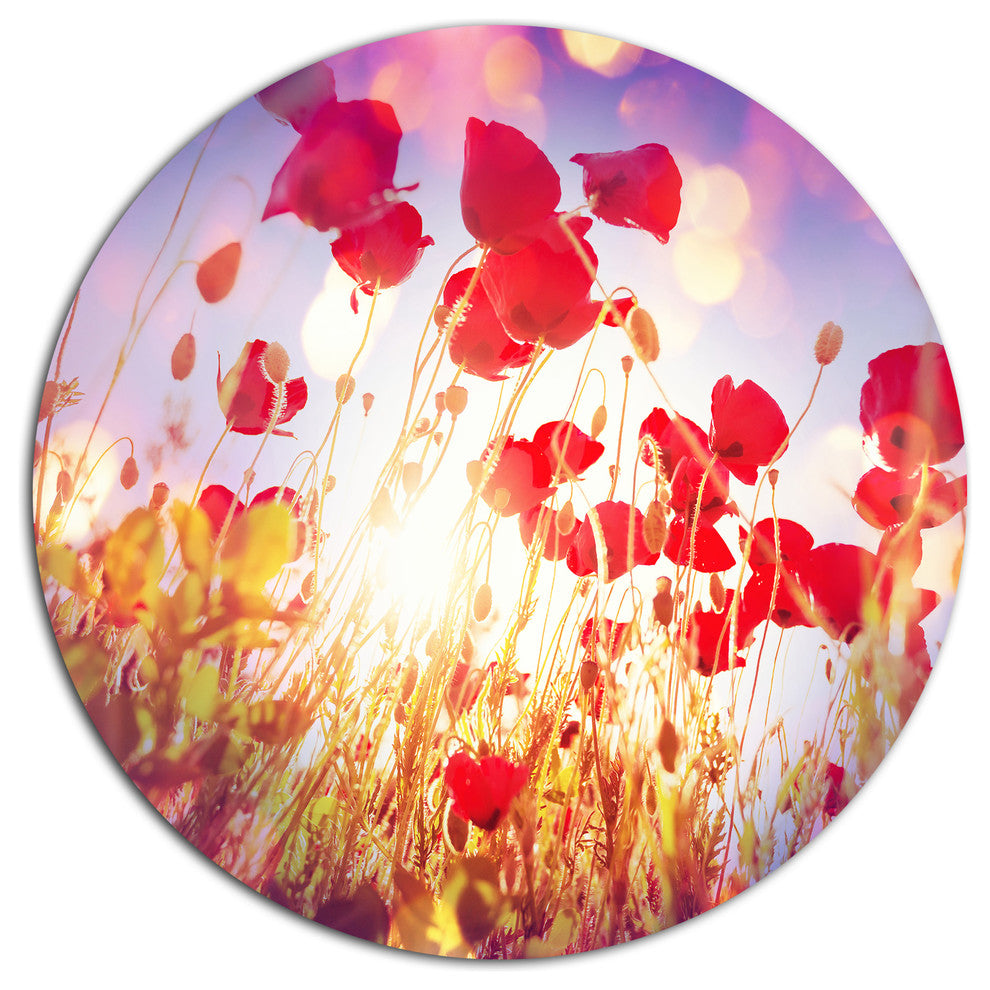 Poppy Flowers On Blue Background, Flower Disc Metal Artwork, 11"