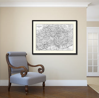 Central Germany Vintage Map Print On Canvas With Black Custom Frame, 28" X 37"