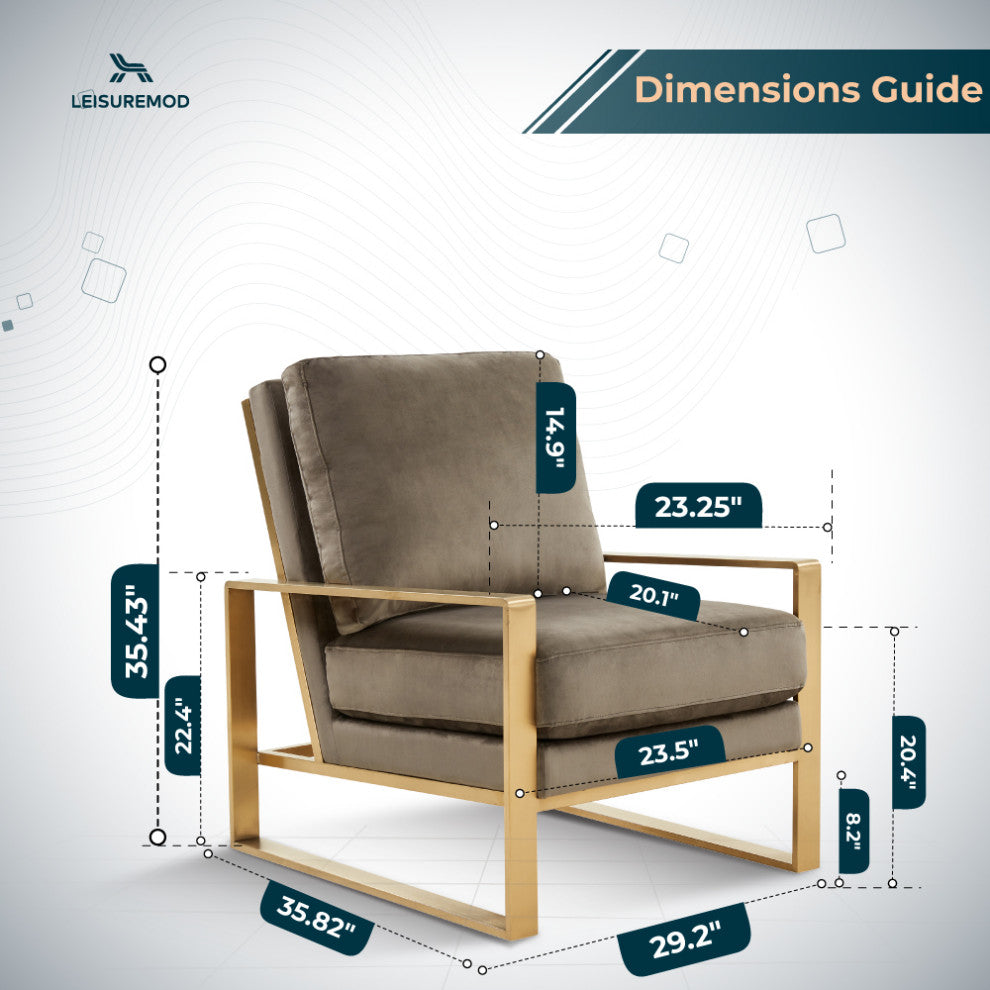 LeisureMod Jefferson Velvet Accent Armchair With Gold Frame, Dark Grey