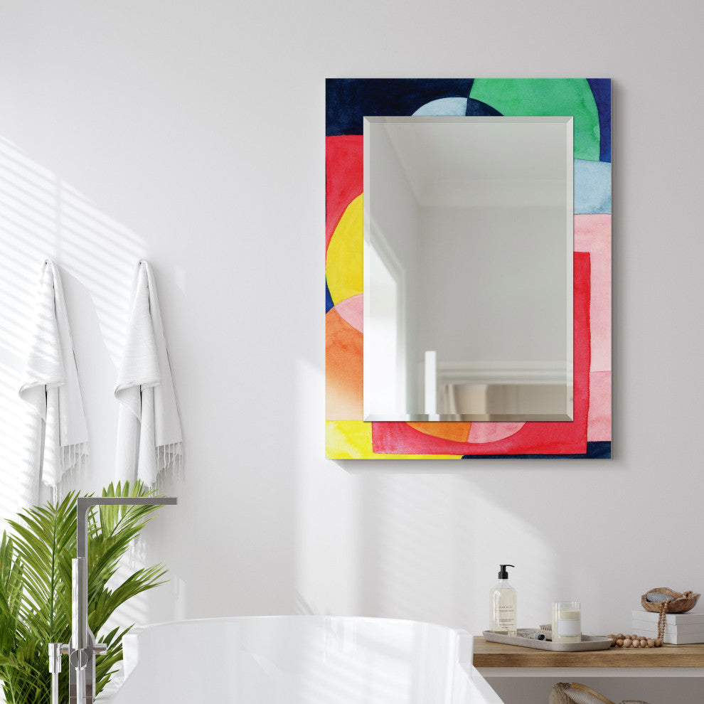 "Launder" Beveled Mirror on Printed Abstarct Tempered Art Glass, 40x30"