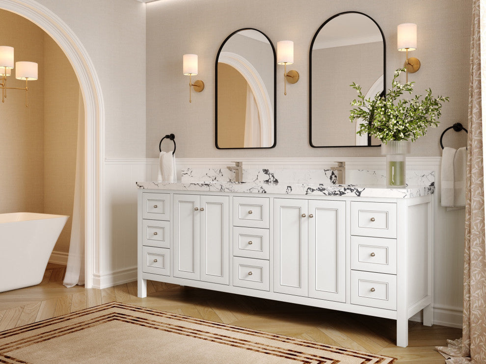 Nashville 84" Double Sink Bath Vanity, White 2" Carrara Marble