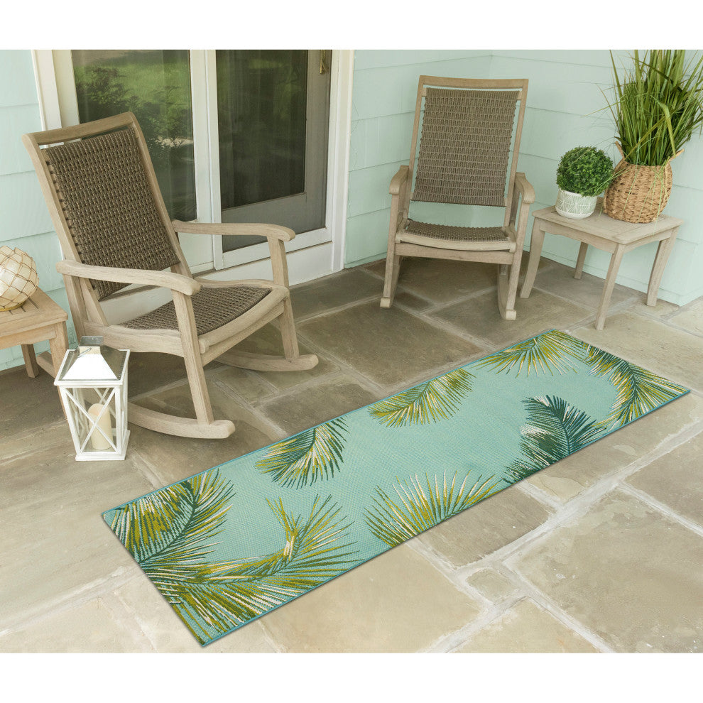 Marina Palm Border Indoor/Outdoor Rug, Aqua, 1'11"x7'6" Runner