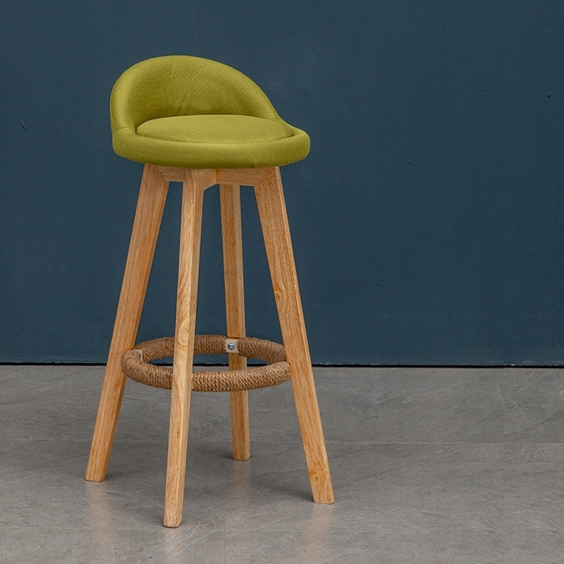 Retro-Styled Rotating High Bar Stool Made of Solid Wood, Green, Linen
