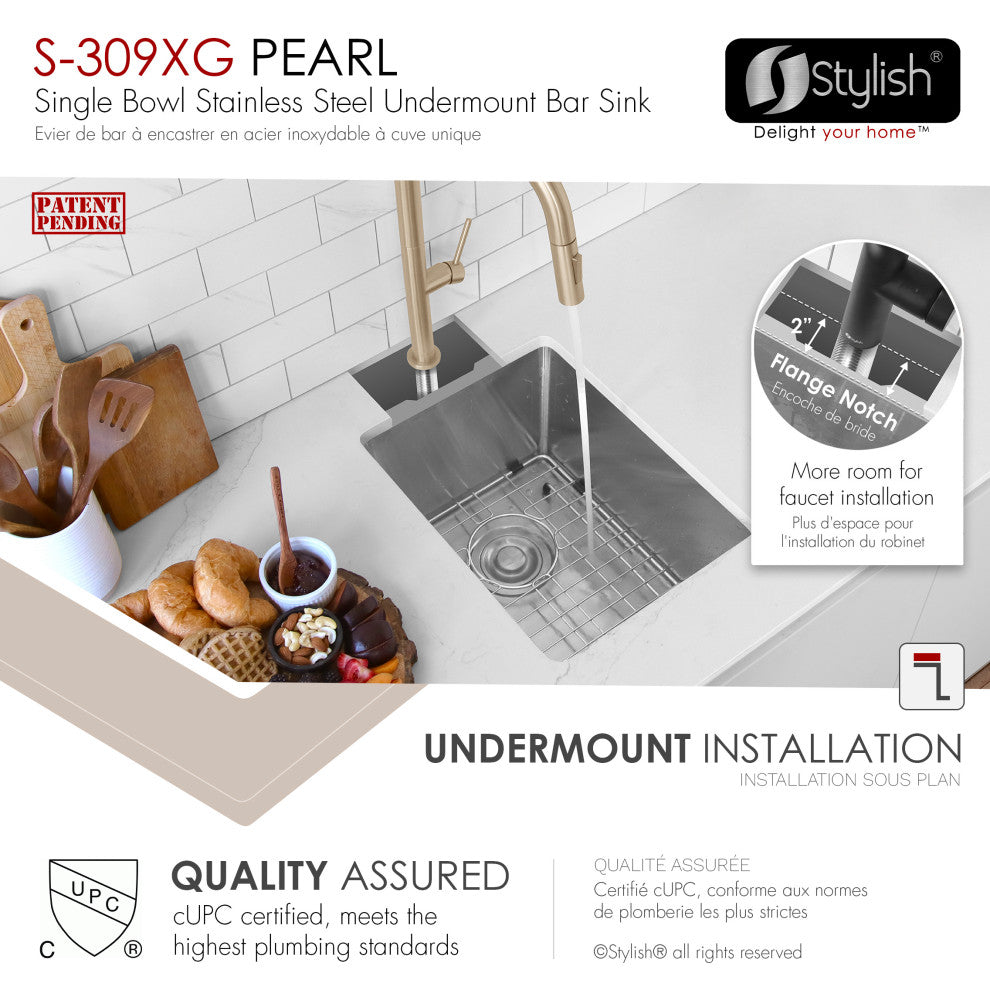 STYLISH 16"L x 18"W Undermount Bar Sink Single Bowl with Grid and Strainer