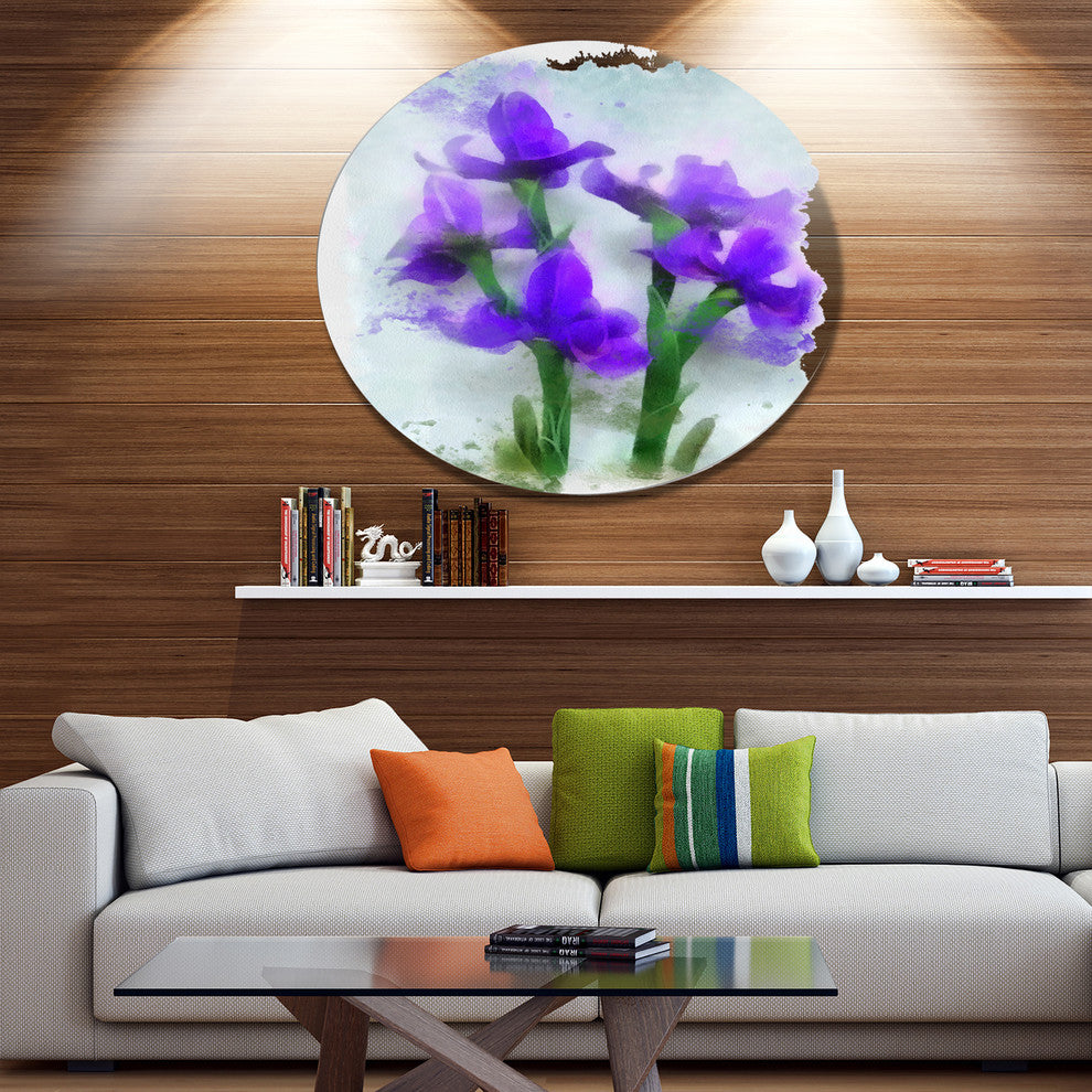Blue Irises Illustration Watercolor, Floral Disc Metal Artwork, 11"