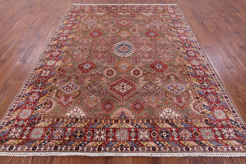 7' 10" X 9' 11" Geometric Super Kazak Handmade Wool Rug - Q12833