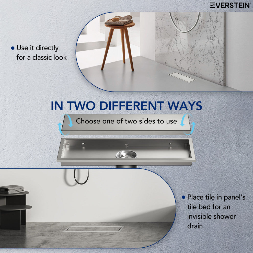 Linear Shower Drain with Hair Strainer and Reversible Tile Insert Cover, Brushed Nickel