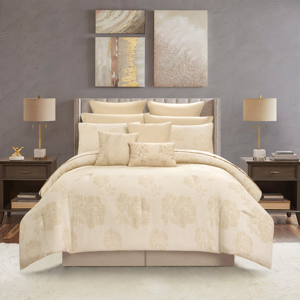 Feruza 13 Piece Floral Bed, a Bag, Gold, King