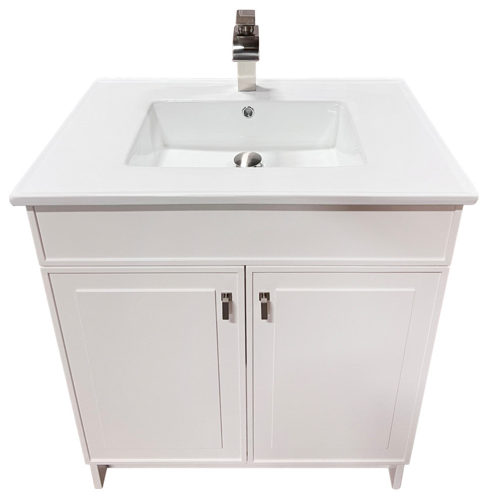 SmartFold 31" Single Sink Vanity, White With White Ceramic Top, Brushed Nickel