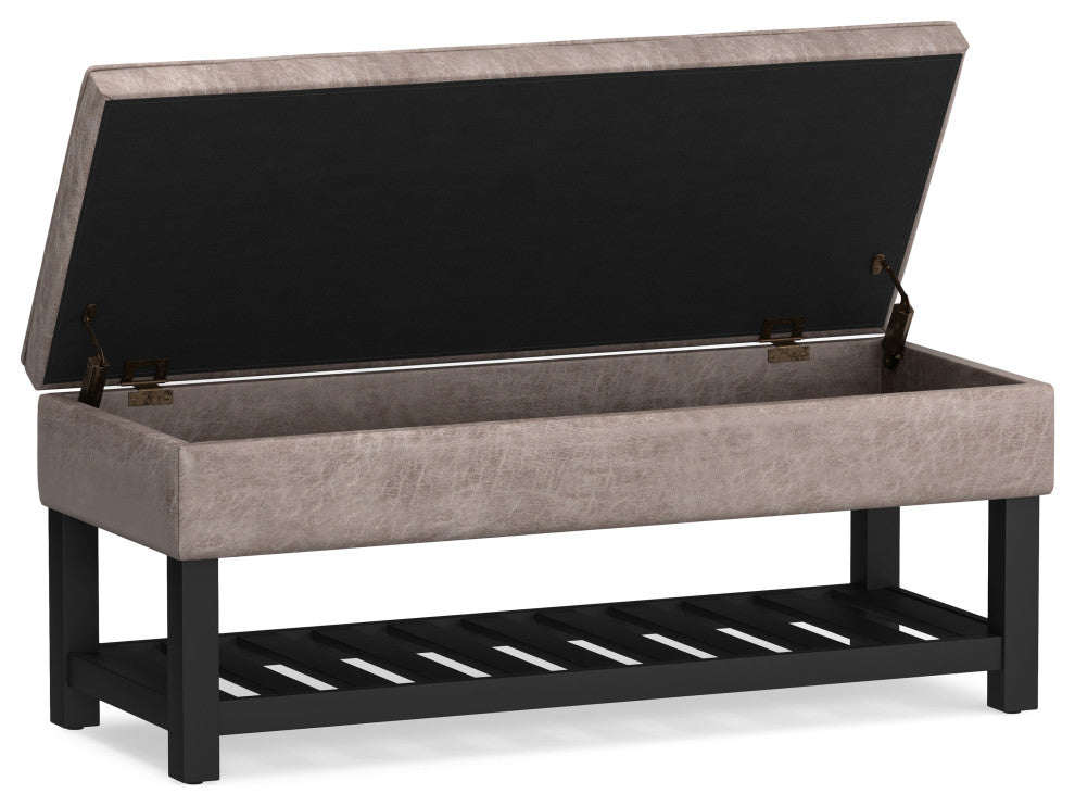 Cosmopolitan Storage Ottoman Bench With Open Bottom, Distressed Gray Taupe Faux Leather